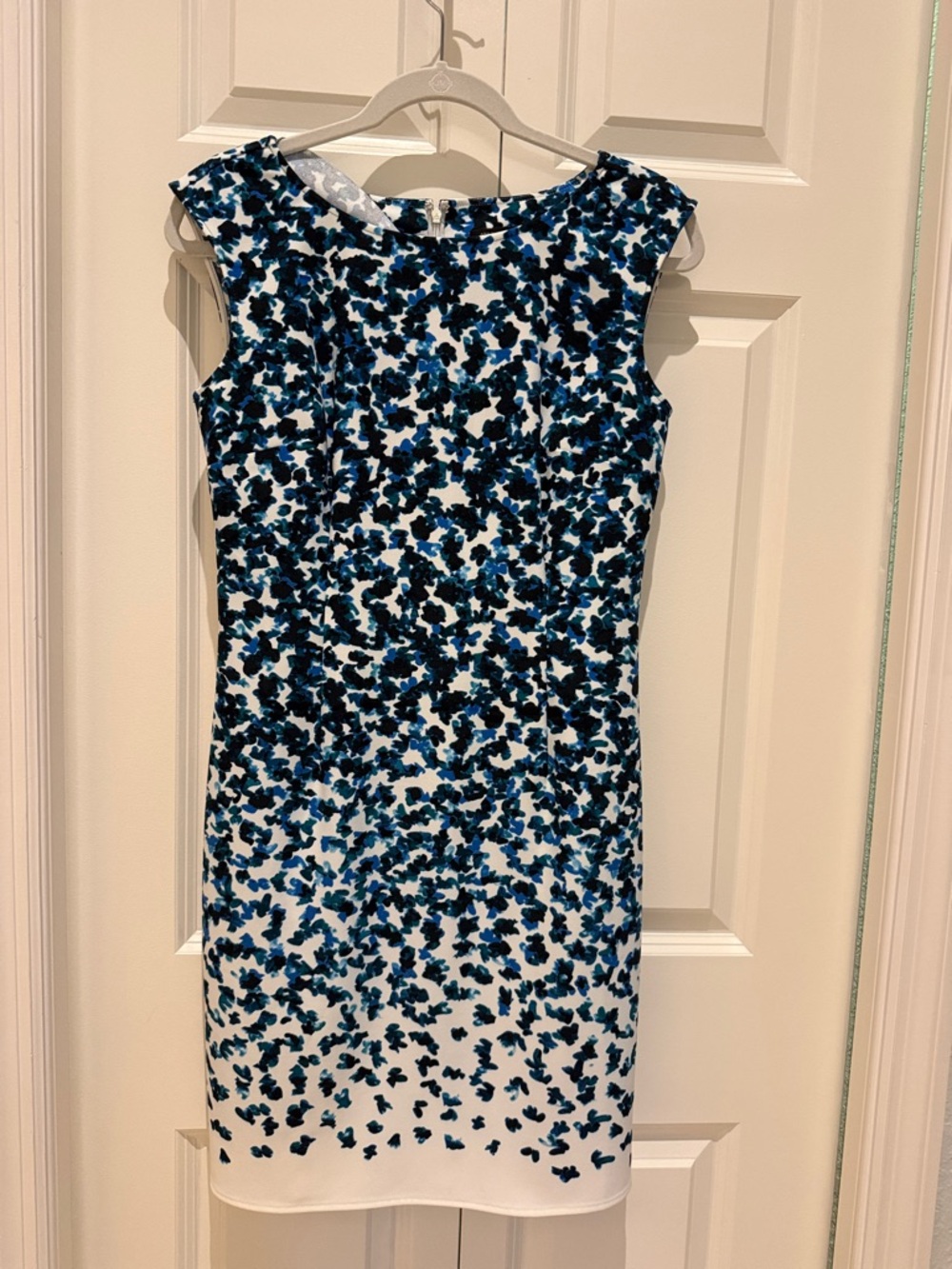 Ann Taylor White Midi Sheath Dress with Blue and Black Floral Print